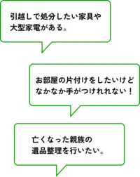 引越しで処分したい家具や大型家電がある。お部屋の片付けをしたいけどなかなか手がつけれれない！亡くなった親族の遺品整理を行いたい。
